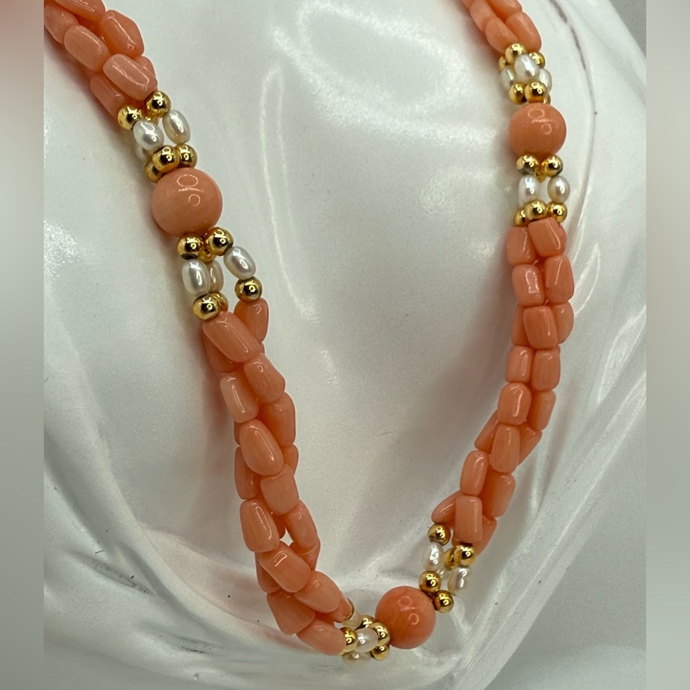 Vintage Angel Skin Coral & Freshwater Pearl 18” 3 Strand Twist Bead Gold Accents - Picture 15 of 17